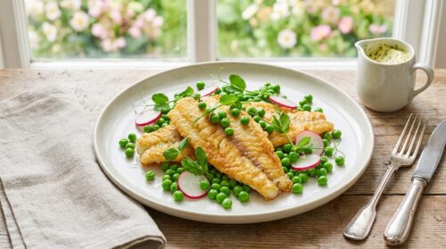 My quick spring fix: crispy fish with fresh peas and radish