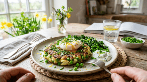 My quick spring twist on Bubble and Squeak with fresh peas